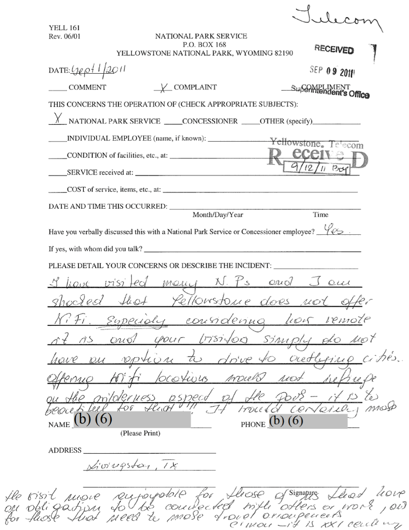 Complaint from a visitor to Yellowstone National Park